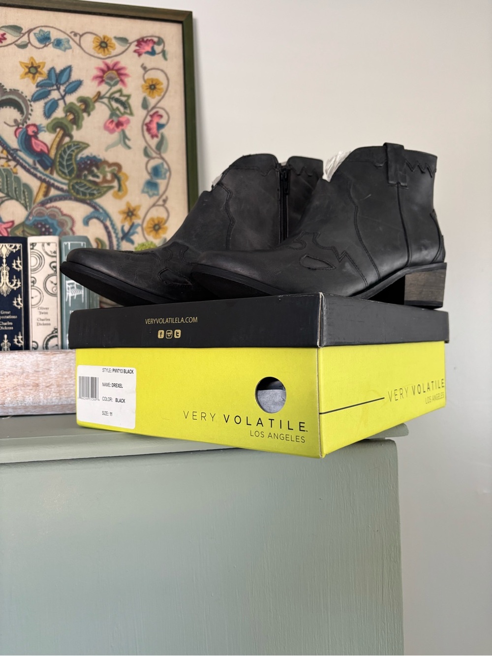 Very Volatile Black Leather Western-Style Ankle Booties